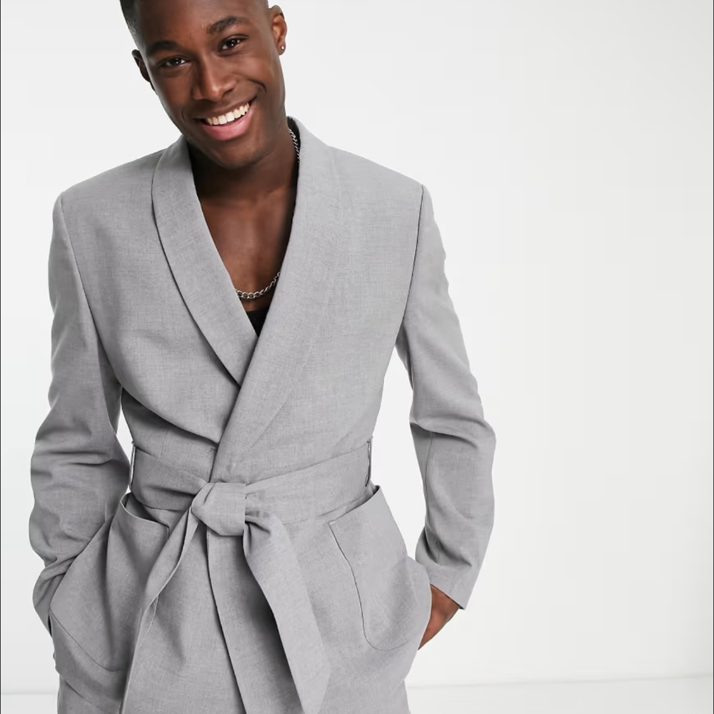 ASOS DESIGN - Skinny Robe Suit Jacket With Belt in Gray sz 38 Reg - Picture 2 of 6